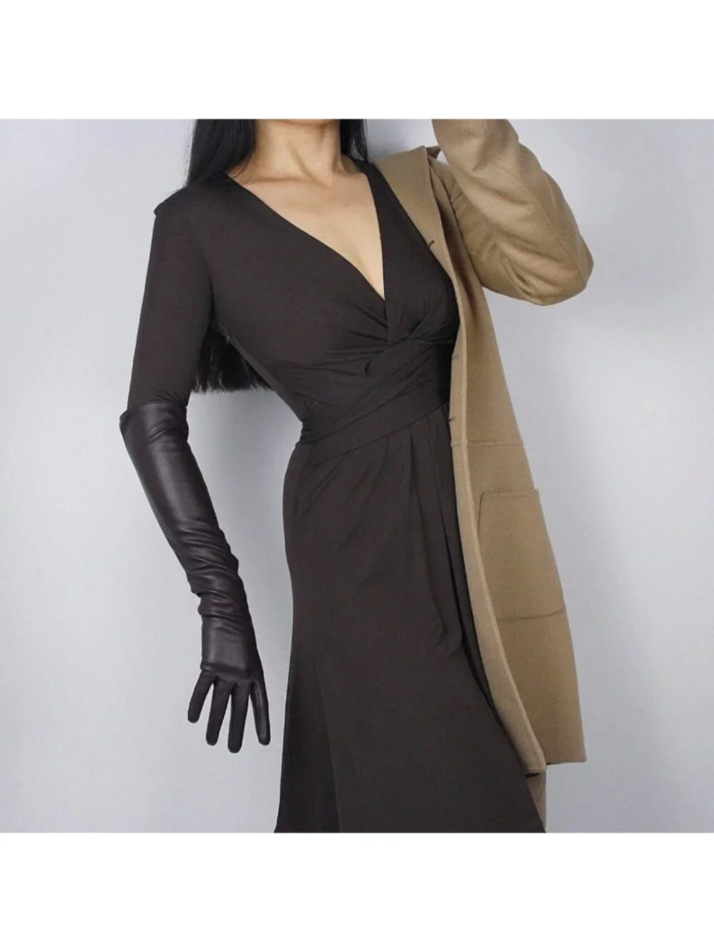 Long Black Faux Leather Gloves for Women - 20-Inch Over Elbow Winter Arm Warmers